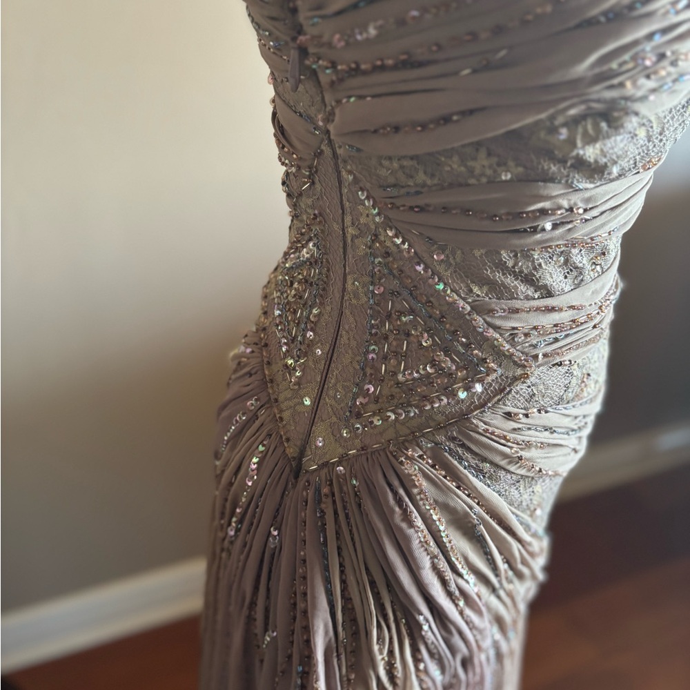 One-Shoulder Ivory Evening Gown with Beaded Detail - Picture 5 of 8